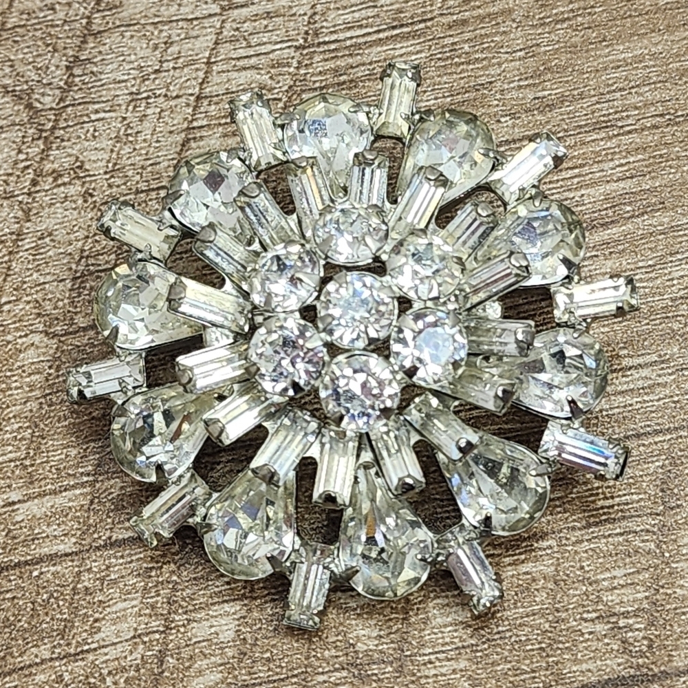 Vintage Signed Weiss Domed  Layered Rhinestone Brooch 2" Pear Round Baguette